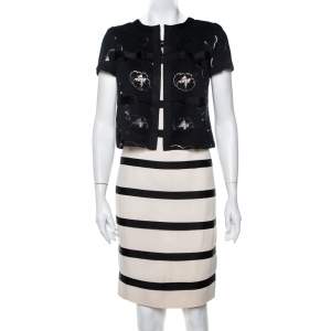 Pre Owned Chanel Cream Crepe Contrast Tri Detail Sleeveless Dress & Lace Shrug Set S