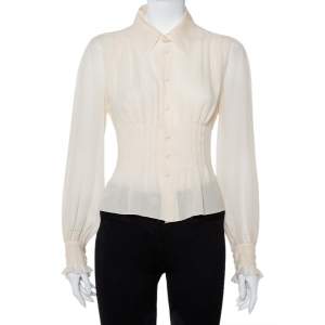 Chanel Cream Silk Smocked Detail Button Front Shirt S