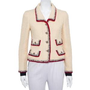 Pre Owned Chanel Cream Tweed Contrast Trim Detail Button Front Aztec Jacket M