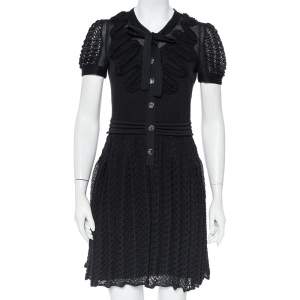 Chanel Black Knit Neck Tie Detail Button Front Mini Dress M