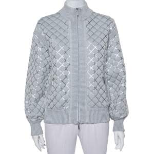 Chanel Grey Patterned Knit Zip Front Sweater M