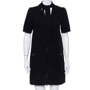 Chanel Black Perforated Knit Neck Tie Detail Zip Front Dress M