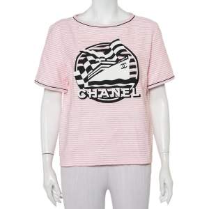 مملوكة مسبقًا Chanel Pink Striped Terry Logo Printed Crewneck T-Shirt L