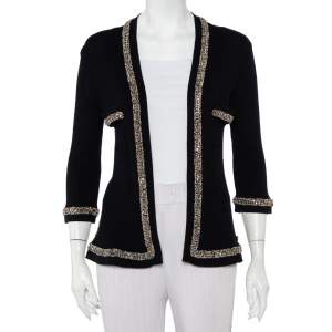 Chanel Black Rib Knit Chain Embellished Open Front Cardigan L