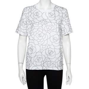 مملوكة مسبقًا Chanel White Metallic Camellia Printed Cotton Crewneck T-Shirt L