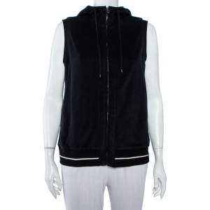 Chanel Black Velour Zip Front Sleeveless Hooded Sweatshirt L