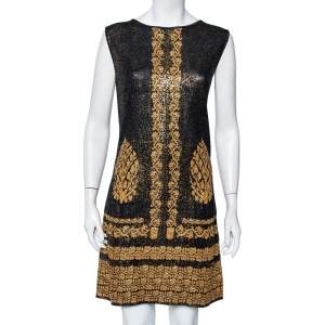 Chanel Black & Gold Printed Jacquard Knit Sleeveless Shift Dress L