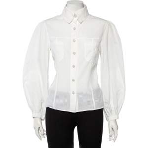 Chanel White Perforated Cotton Button Front Shirt L