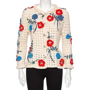 Pre Owned Chanel Off- White Crochet Floral Applique Detail Button Front Cardigan M
