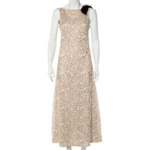 Chanel Cream Lurex Floral Lace Brooch Detail Maxi Dress M