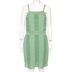 Pre Owned Chanel Green Patterned Lurex Knit Ribbed Trim Short Dress M 