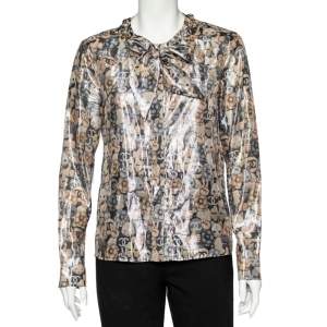 Chanel Metallic Cat Printed Silk Neck Tie Detail Shirt M