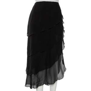 Chanel Black Silk Asymmetrical Tiered Midi Skirt XL