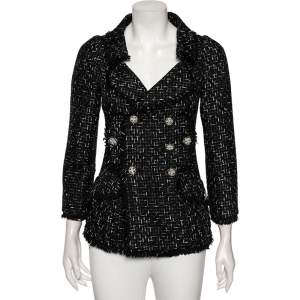 Chanel Black Logo Ribbon Tweed Double Breasted Blazer M