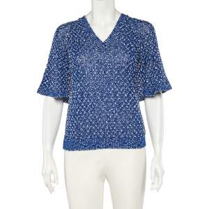 Chanel Blue Silk & Cotton Knit Cape Detail V-Neck Top M