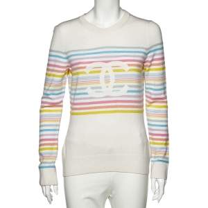 Chanel White Striped Cashmere Crewneck Sweater M
