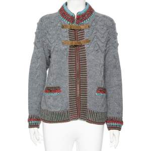 Chanel Grey Wool Intarsia Knit Contrast Trimmed Buckle Detail Jacket M