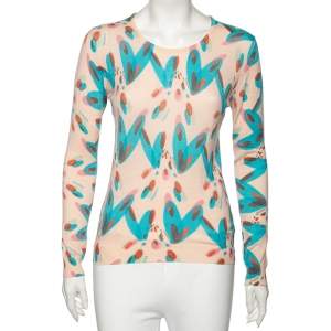 Chanel Pink Heart Printed Cashmere Long Sleeve Sweater M
