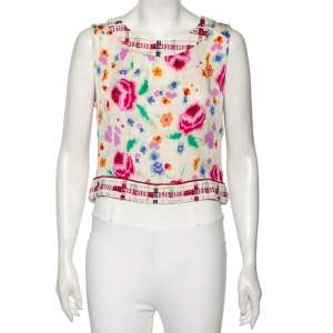 Chanel Multicolor Printed Silk & Tweed Trim Sleeveless Top L