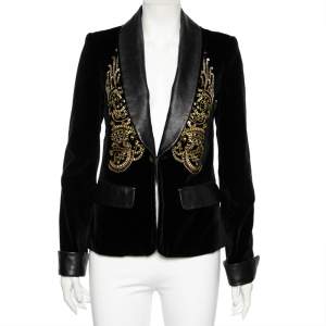 Chanel Black Velvet & Leather Inset Embellished Single Breasted Blazer M