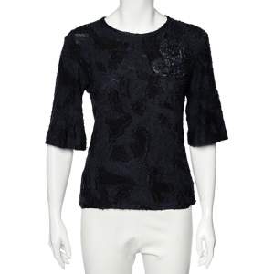 Chanel Navy Blue Textured Cotton Floral Broach Detailed Top S