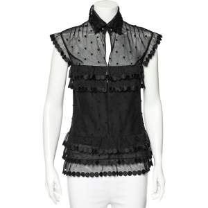 Chanel Black Patterned Mesh Tiered Short Sleeve Top M