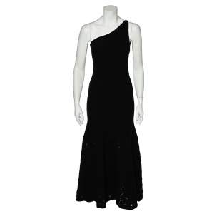 Chanel Black Jersey One Shoulder Open Knit Flounce Hem Detail Dress M