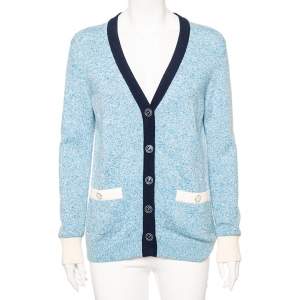 Chanel Blue Cashmere Knit Contrast Trimmed Button Front Cardigan L