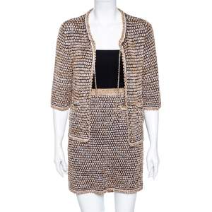 Pre Owned Chanel Beige & Blue Tweed Open Front Jacket & Short Skirt Set M