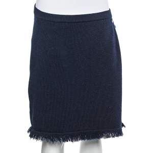 Chanel Navy Blue Cashmere Fringed Faux Wrap Mini Skirt M
