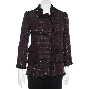 Chanel Burgundy Sequined Tweed Double Breasted Jacket S