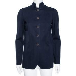 Chanel Navy Blue Patterned Silk Knit Button Front Long Shirt S