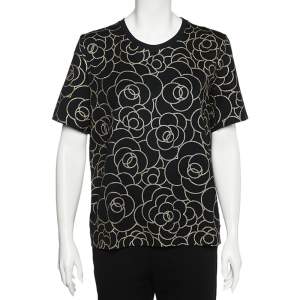 Chanel Black Camellia Foil Print Cotton T-Shirt XL