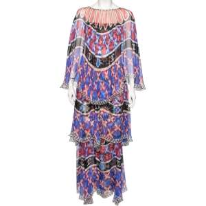 Pre Owned Chanel Multicolored Printed Silk Tiered Cape Dress M