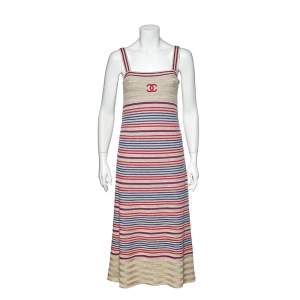 Chanel Beige Striped Lurex Linen Cashmere Logo Detail Dress S