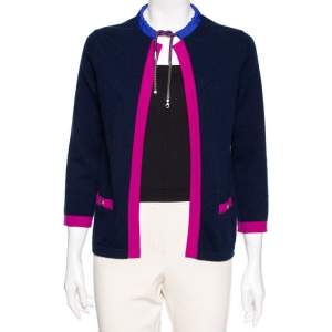 Chanel Navy Blue & Pink Trimmed Cashmere Pocketed Cardigan S