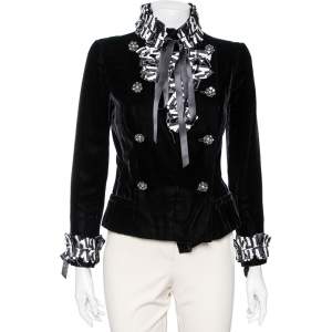 Pre Owned Chanel Black Velvet Ribbon Trimmed Double Breasted Jacket M