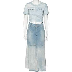 Chanel Blue Light Wash Denim Button Front Top & Midi Skirt Set S/M