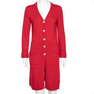Chanel Red Cashmere Button Front Long Cardigan S