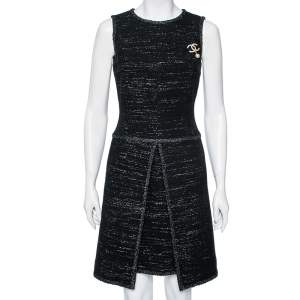 Chanel Black Lurex Tweed Broach Detailed Sleeveless Dress M