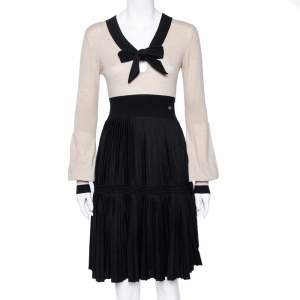 Chanel Beige & Black Wool Knit Neck Tie Detailed Long Sleeve Dress M