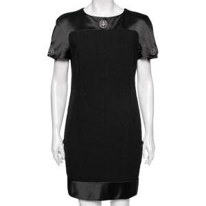 Chanel Black Sateen & Boucle Paneled Mini Dress L