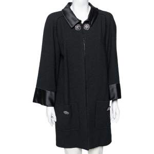Chanel Black Wool & Satin Trimmed Pocketed Cape Coat L