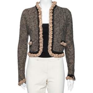 Chanel Brown Wool & Camel Braided Leather Trimmed Open Front Jacket M