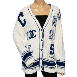 Pre Owned Chanel Off White & Blue Boucle Button Front Varsity Cardigan L