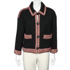 Chanel Boutique Vintage Black Wool Tweed Contrast Trim Button Front Jacket L