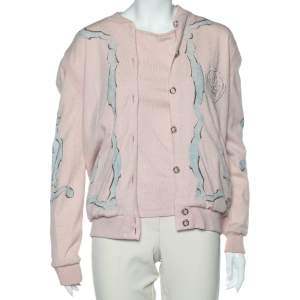 Pre Owned Chanel Pink Miami Cruise Printed Cashmere tank Top & Cardigan L