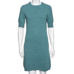 Chanel Turquoise Blue Cashmere Pearl Embellished Short Sleeve Dress M