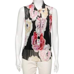 Chanel Multicolor Floral Print Silk Pleated and Button Front Sleeveless Top M