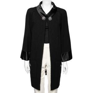 Chanel Black Textured Wool & Satin Trimmed Cape Coat M